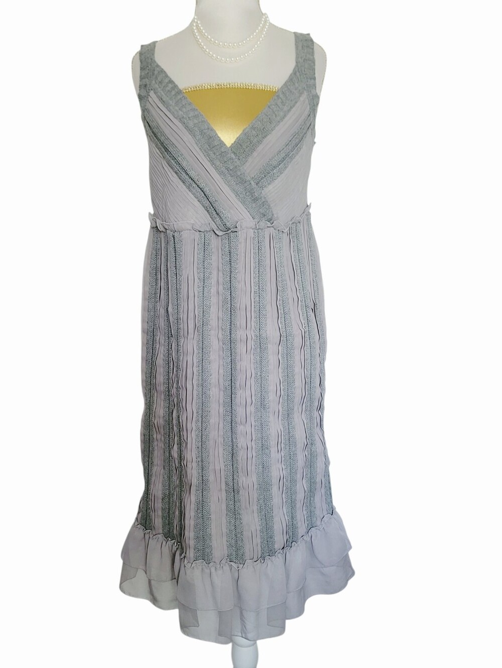 Calvin Klein Gray Knit V-Neck Empire Waist Pleated Ruffled Hem Midi Dress